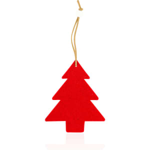 A red Christmas tree-shaped tag with a tan string for hanging. Simple and festive design.