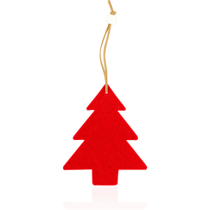 A red felt Christmas tree ornament with a hanging string and a wooden bead.