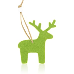 A green felt reindeer figure with antlers attached to a string for hanging.