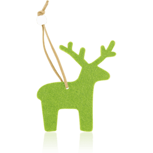 A green felt ornament in the shape of a reindeer, featuring antlers and a hanging string.