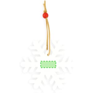 A white snowflake-shaped decoration with a leather strap and a red bead, featuring a blank area for customisation.