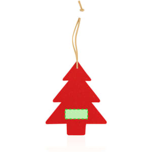A red Christmas tree-shaped tag with a green rectangular label space at the centre and a hanging string.