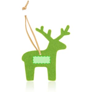 A green felt reindeer decoration with antlers and a hanging string. Features a blank area for customisation.