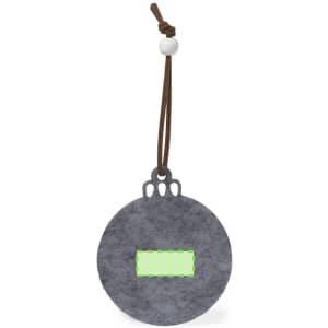 A round grey tag with a green highlight, featuring a leather strap and bead for attachment.