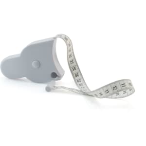 A grey tape measure with a retractable design and measuring tape extending from it. Features a logo on the body.