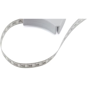 A tape measure in grey with a retractable fabric measuring tape marked in increments. It features a branding logo.