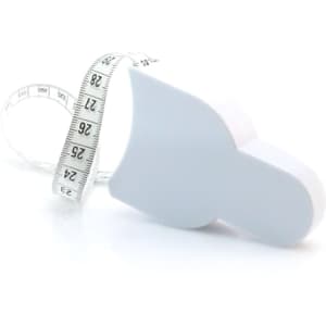 A white tape measure in a compact design, featuring a retractable measuring tape with clear markings.