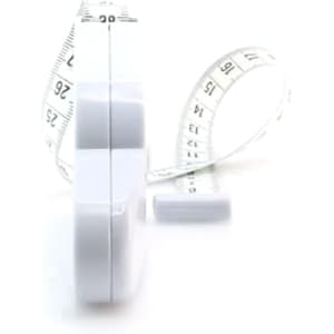A white tape measure with a retractable measuring tape and a small white casing. It includes a branding logo.