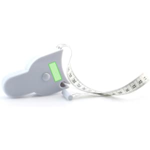 A grey tape measure with a retractable measuring tape and a small logo. The tape features black markings for measurements.