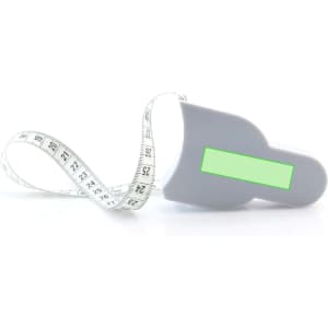 A grey tape measure with a flexible measuring tape extended from it. The product features a logo on the side.
