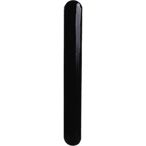 A reflective black bracelet with a smooth surface and rounded edges. It features a logo.