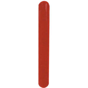 A reflective bracelet in a bright red colour, featuring a smooth and shiny finish, with a logo present.