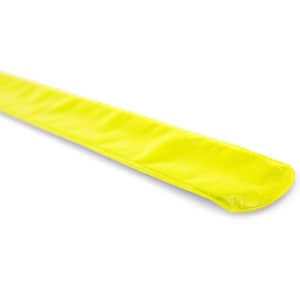 A bright yellow reflective bracelet, featuring a smooth texture and a simple design. It includes a branding logo.