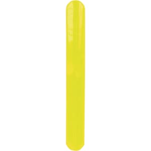A bright yellow reflective bracelet with a smooth surface and rounded edges. It features a logo.