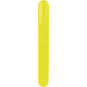 A reflective bracelet in bright yellow, featuring a smooth, glossy finish and a branding logo.