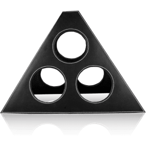 A black triangular wine rack with three circular openings for bottles, featuring white stitching detail.