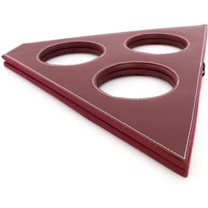 A triangular wine rack in burgundy, featuring three circular indents for bottles, with a stitched edge detail.