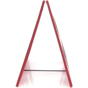 A red A-frame sign with a simplistic design and a logo, set against a reflective surface.