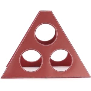 A drink bottle holder in a triangular shape, featuring three circular openings, finished in a rich burgundy colour.