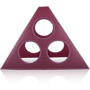 A burgundy wine rack featuring three circular cutouts for bottles, crafted with stitched detailing and a triangular design.