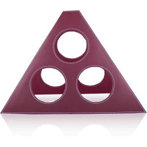 A triangular wine rack in a deep burgundy colour with three circular openings for bottles, featuring a subtle stitching detail.