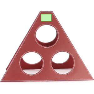 A triangular wine rack in deep red with three circular openings and a green label at the top.