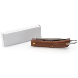 A pocket knife with a wooden handle and a silver blade, accompanied by a simple white box.
