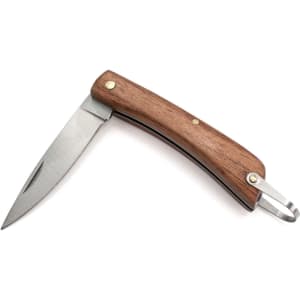 A pocket knife with a stainless steel blade and a wooden handle, featuring a keyring attachment.