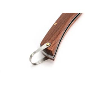 A pocket knife with a wooden handle and a metallic hook, featuring a sleek design and a polished finish.