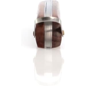 A pocket knife with a wooden handle and metal accents, featuring a logo on the side.