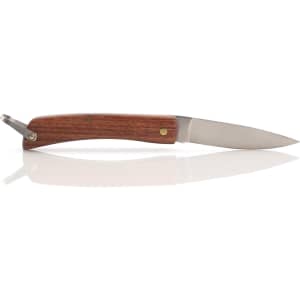 A pocket knife with a stainless steel blade and a wooden handle, featuring a keyring attachment.