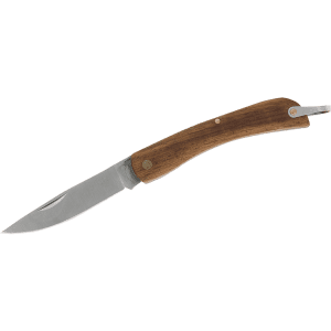 A pocket knife with a wooden handle and a stainless steel blade, featuring a securing mechanism and a branding logo.