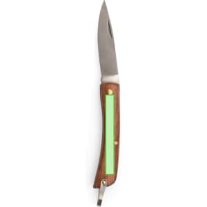 A pocket knife featuring a silver blade and a brown wooden handle with a green section. Includes a keyring attachment.