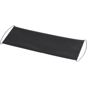 A black promotional banner with silver supports on either end, designed for exhibitions and events.