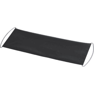A black promotional banner with loops for hanging, featuring a logo. Ideal for exhibitions and events.