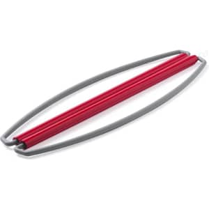 A red and grey promotional product, featuring a curved design with two red bars and grey handles.