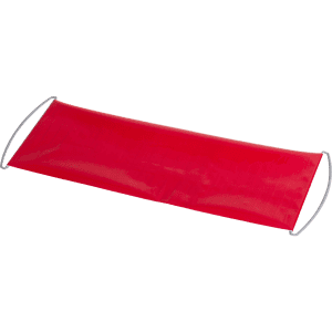 A red promotional banner with handles, designed for exhibitions and events. It features a glossy finish.