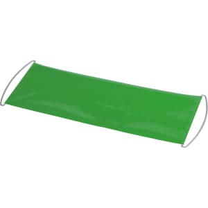 A green Oe Banner with a smooth surface and metal handles on each end.