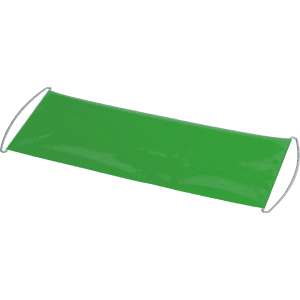 A green promotional banner with metal loops at each end, suitable for exhibitions and events.