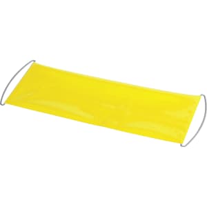 A yellow promotional banner with silver handles, suitable for exhibitions and events.