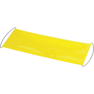 A yellow promotional banner with grey straps, designed for exhibitions and events.