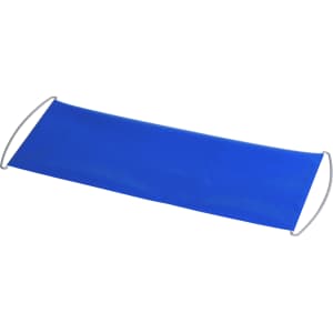 A blue promotional banner with silver handles, designed for exhibitions and events. It features branding elements.