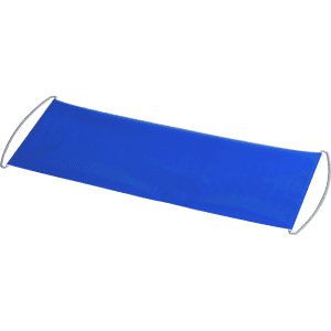 A blue promotional banner with metal handles for easy display. It features a smooth, flat surface.