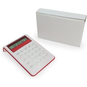 A red and white calculator is placed next to a plain white box. The calculator features a digital display and numerous buttons.