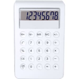 A white calculator features a large digital display and numerous buttons for calculations.