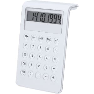 A white calculator with a digital display and numbered buttons, featuring a sleek, modern design.
