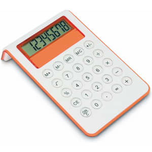A calculator in white and orange with a large digital display and numeric keypad. It features an integrated stand.