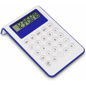 A white and blue calculator featuring a digital display and a keypad with various function buttons.