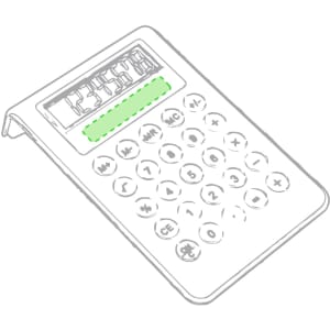 A calculator with a sleek design featuring a digital display and a keypad, predominantly white with a green accent.