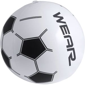 A white beach ball featuring a black soccer ball design and a logo, perfect for fun and games.